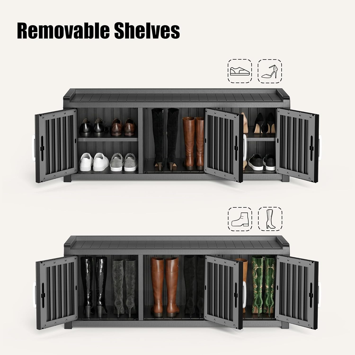 EFU Shoe Bench with Storage, Shoe Cabinet Indoor Outdoor with Adjustable Shelves, Waterproof Shoe Organizer with 3 Doors for Entryway, Bedroom, Living Room (Black)