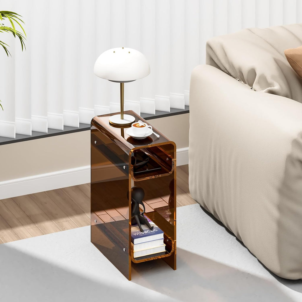 Clear Acrylic Side Table, Narrow Nightstand Bedside Table for Bedroom, Skinny Small End Table (Dark Brown, 8.7'' x 15.7'' x 21.7")