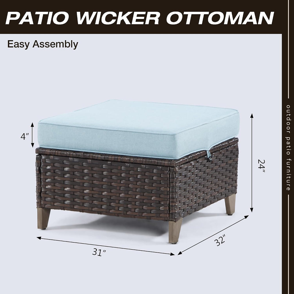 Patio Ottoman Set of 2, All Weather Outdoor Rattan Ottomans Patio Footstools with Removable Cushions for Garden Backyard Porch(Brown/Azure)