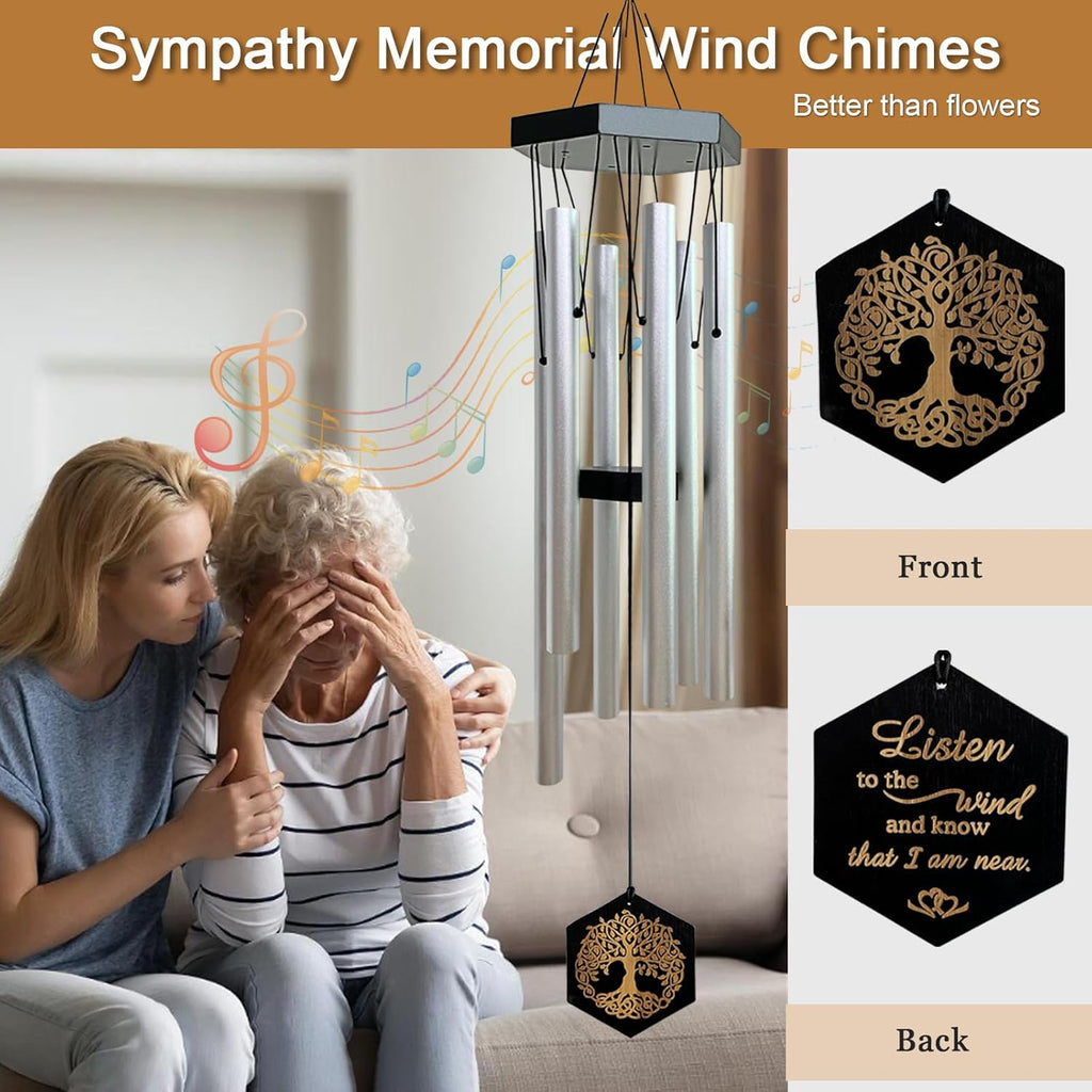 33" Tree of Life Memorial Wind Chimes | Elegant Silver Sympathy Wind Chime for Loss of Loved One, Tranquil Deep-Tone Windchimes, Outdoor Hanging Garden Decor