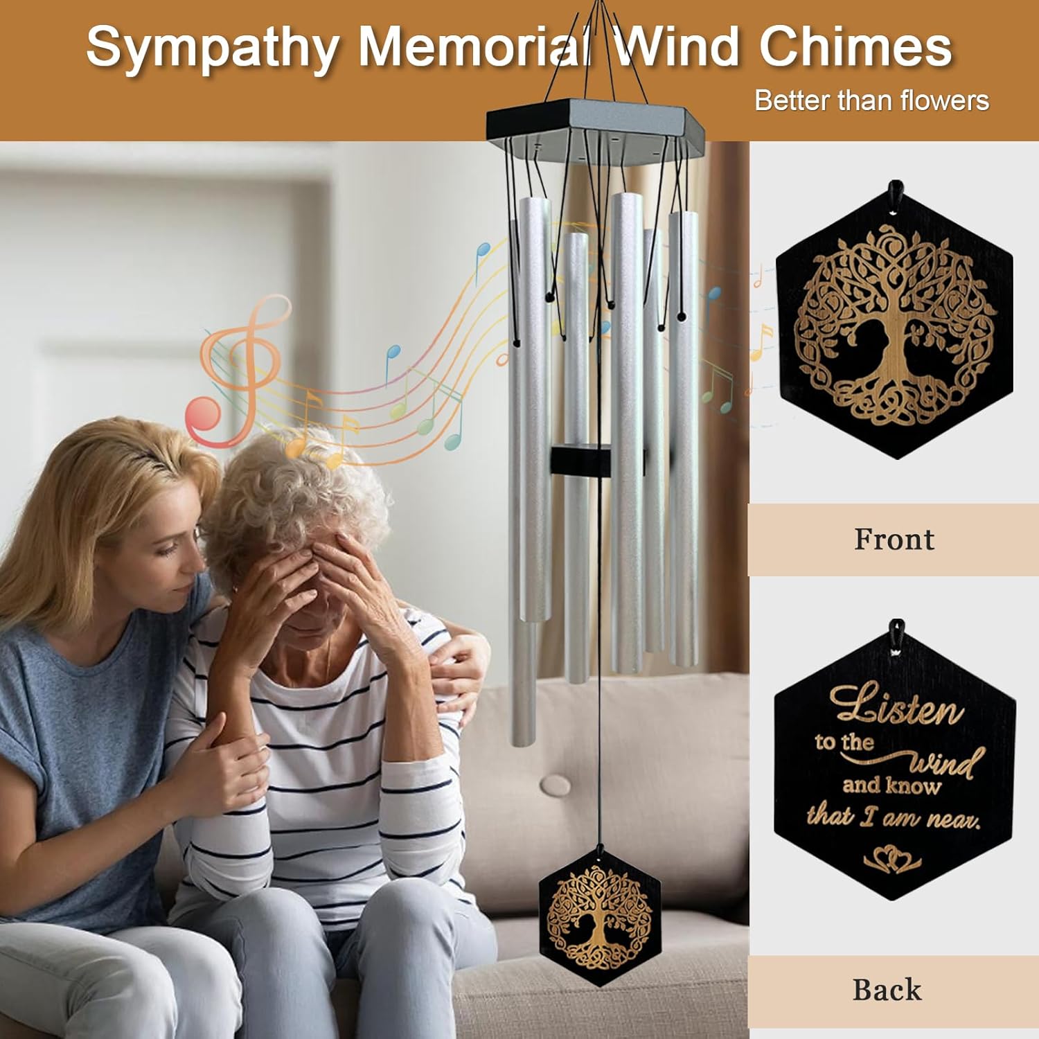 33" Tree of Life Memorial Wind Chimes | Elegant Silver Sympathy Wind Chime for Loss of Loved One, Tranquil Deep-Tone Windchimes, Outdoor Hanging Garden Decor