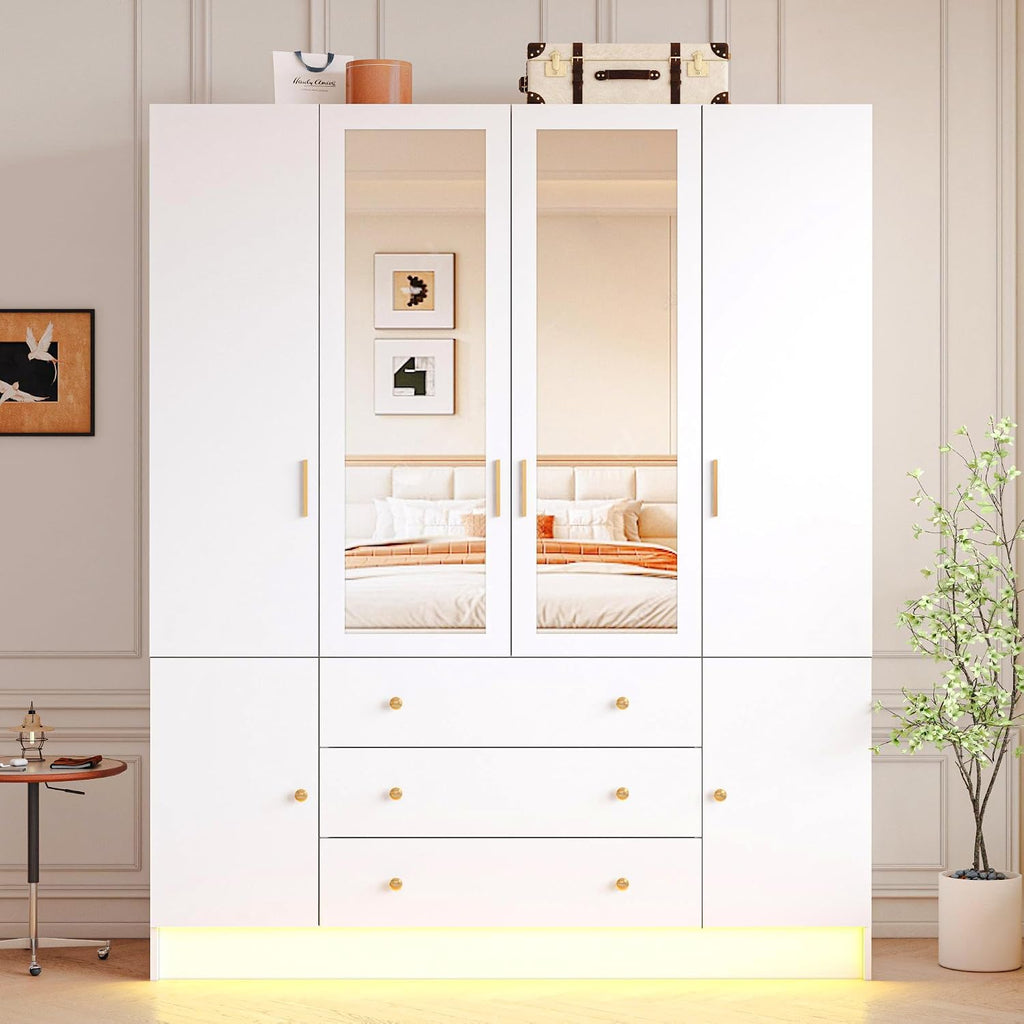 4 Doors LED Armoire Wardrobe Closet with Mirror, 75" Tall Modern Wooden Wardrobe Closet with 3 Drawers, Freestanding Clothing Storage Cabinet with Hanging Rod, Adjustable Shelves, White