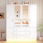 4 Doors LED Armoire Wardrobe Closet with Mirror, 75" Tall Modern Wooden Wardrobe Closet with 3 Drawers, Freestanding Clothing Storage Cabinet with Hanging Rod, Adjustable Shelves, White