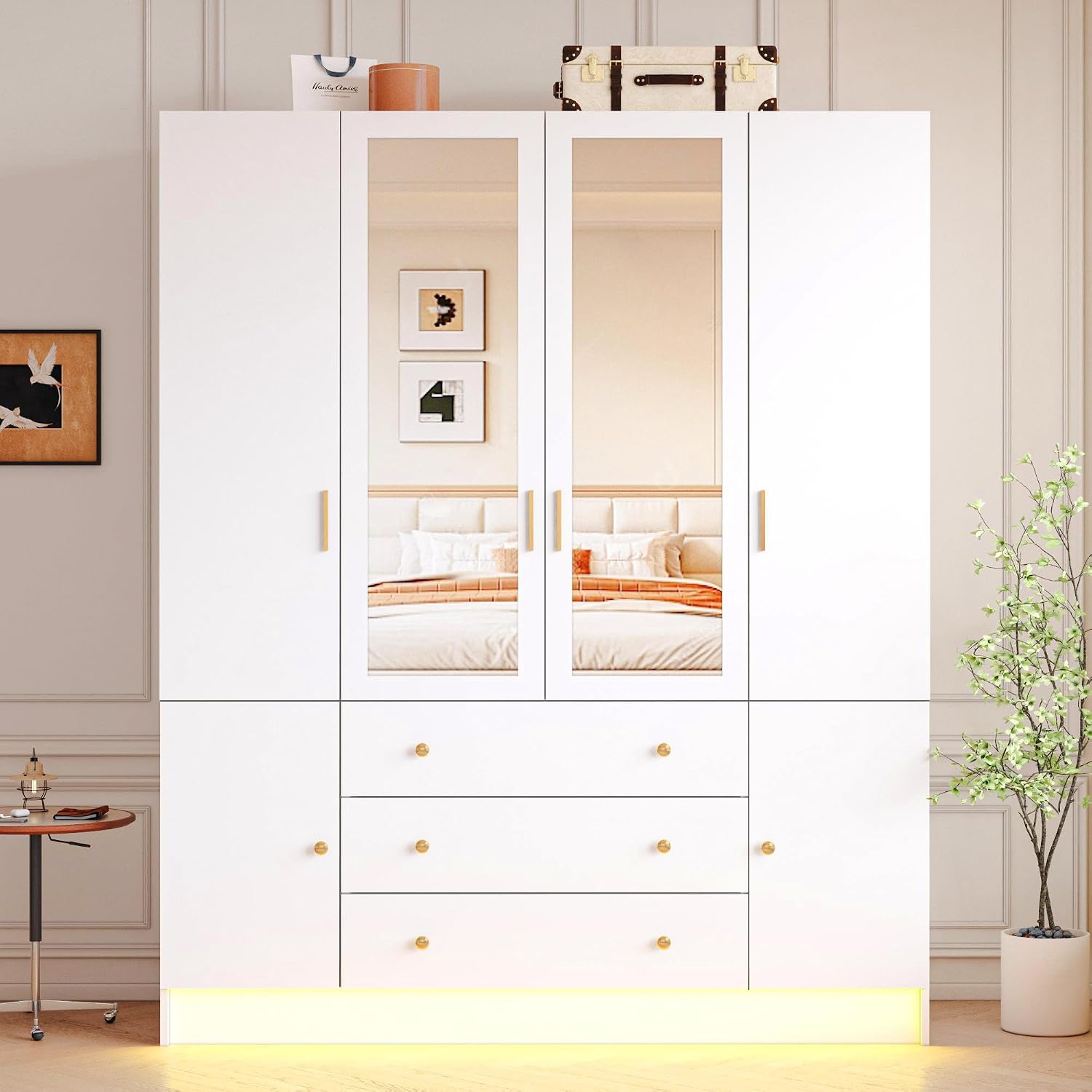 4 Doors LED Armoire Wardrobe Closet with Mirror, 75" Tall Modern Wooden Wardrobe Closet with 3 Drawers, Freestanding Clothing Storage Cabinet with Hanging Rod, Adjustable Shelves, White