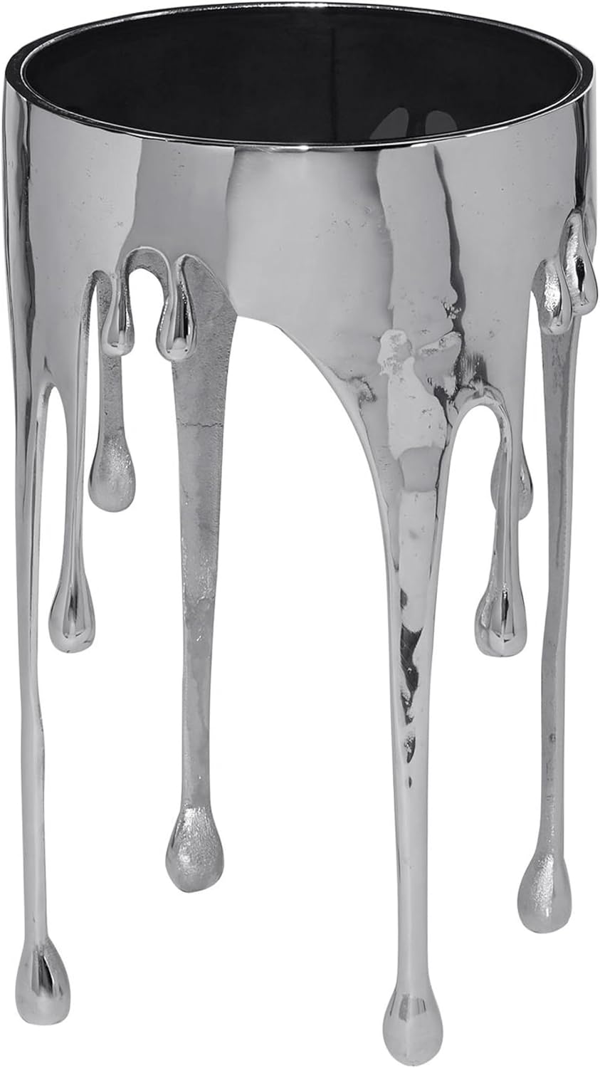 TUP THE URBAN PORT Capri Side End Table, 24.75 Inch Round Glass Top, Silver Finish, Melting Drip Design Base, Modern Glam Accent Table for Living Room, Bedroom and Home Decor Display
