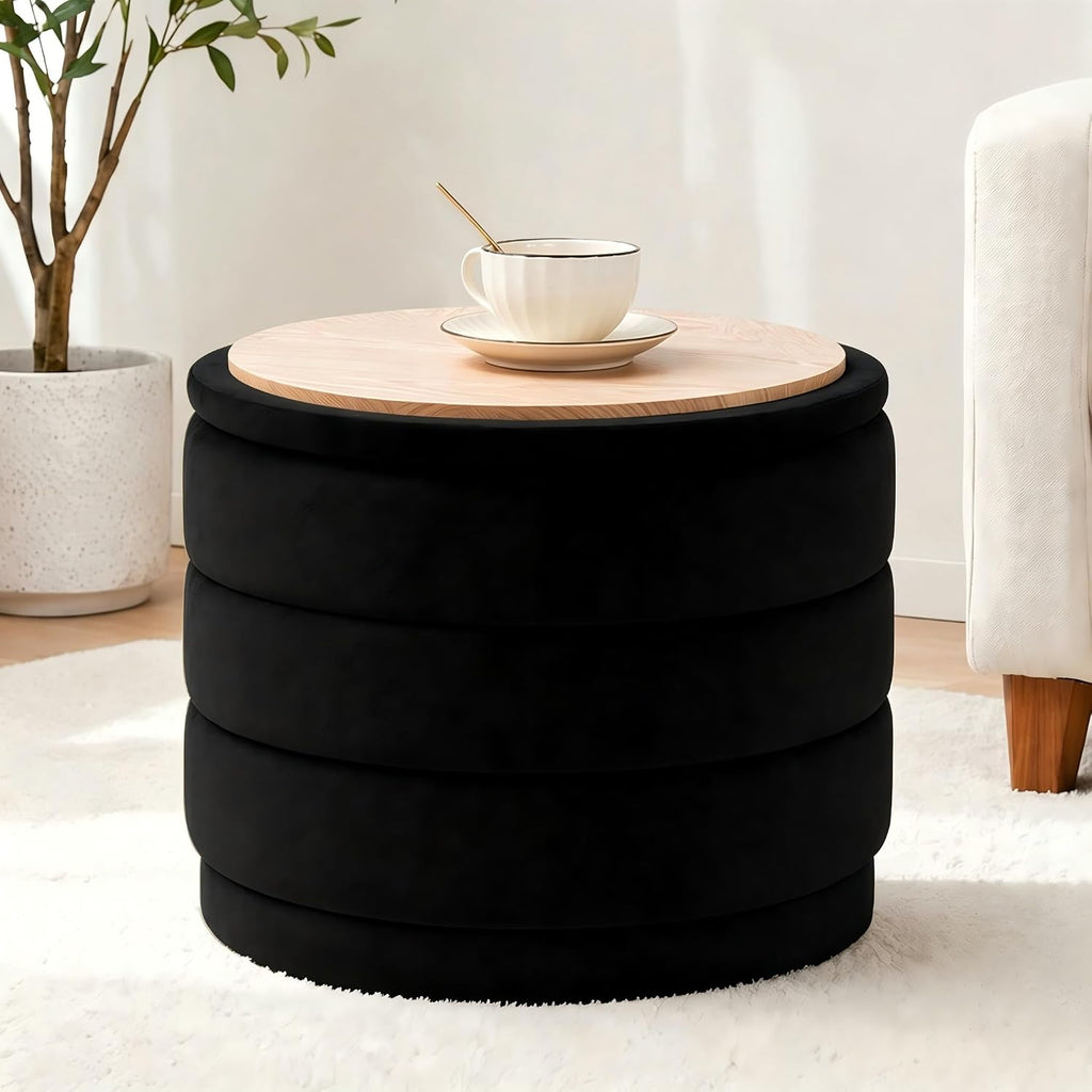 23" Round Velvet Storage Ottoman with Tray | Upholstered Folding Foot Rest Vanity Stool, Multifunctional Coffee Table for Living Room Bedroom Dorm