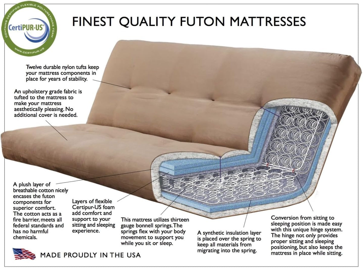 FutonX Rustic Walnut Frame and Mattress Set with Choice to add Drawers, 8 Inch Innerspring Futon Sofa Bed Full Size Wood (Blue Matt and Frame (No Drawers))