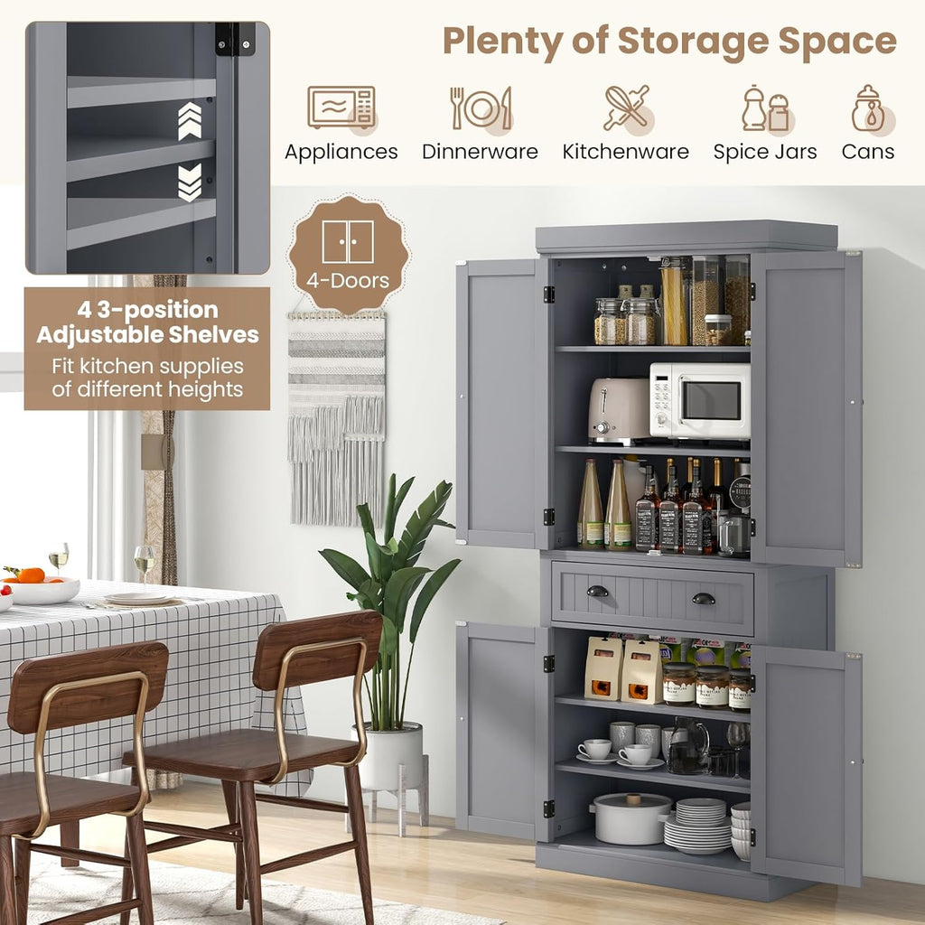 Tangkula 72" H Kitchen Pantry Cupboard Cabinet, Traditional Freestanding Large Tall Storage Cabinet with 2 Cabinets and Drawer, Adjustable Shelves, for Living Room Kitchen, 30 x 16 x 72 Inch