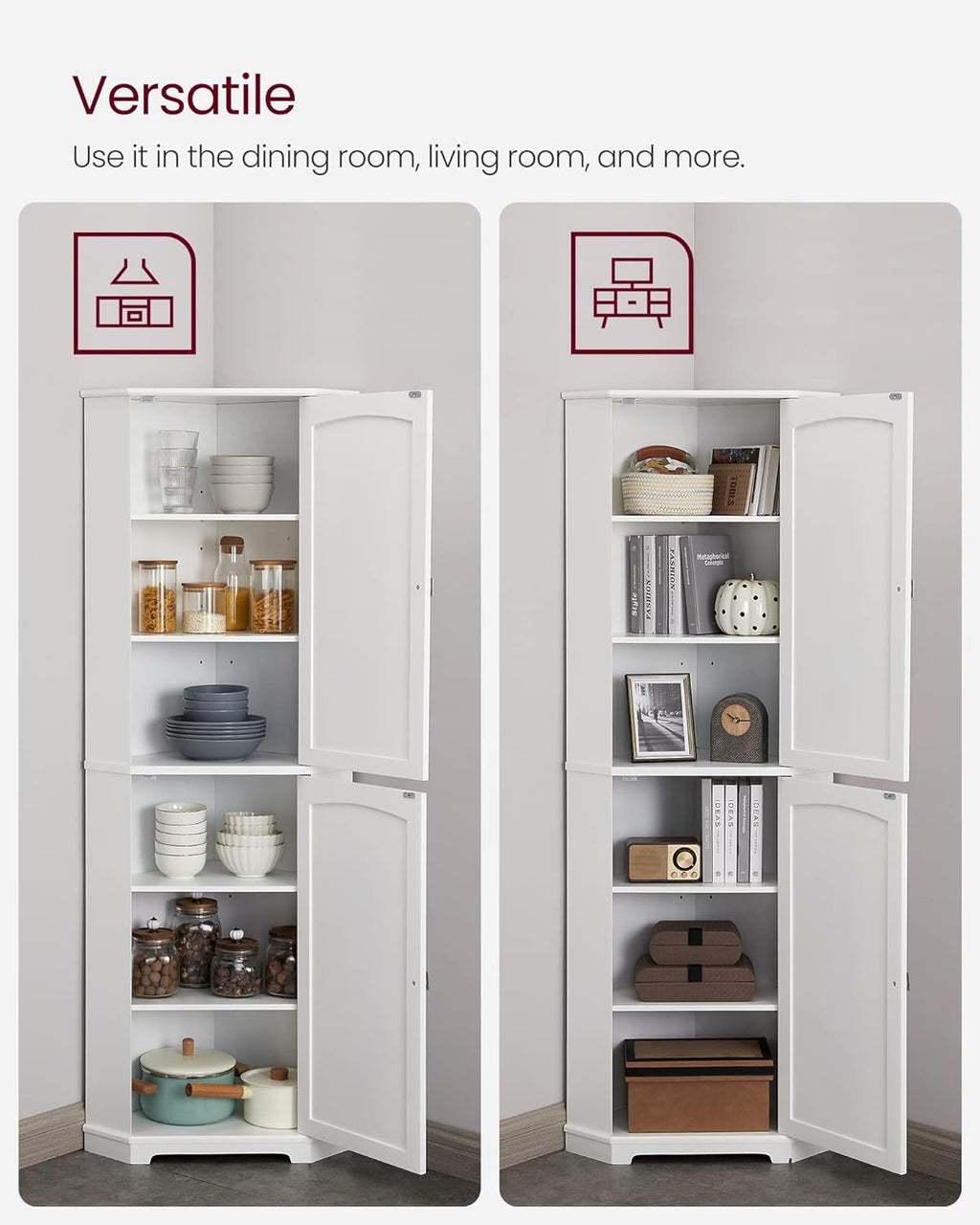 VASAGLE Corner Cabinet, Tall Corner Storage Cabinet with 2 Doors and 4 Adjustable Shelves, for Bathroom Kitchen Living Room, Modern Farmhouse Design, White UBBC541P31