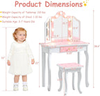 Kids Vanity with Lights, Princess Girls Vanity Set with 3-Color LED Lighted, 2 in 1 Wooden Toddler Vanity Table & Chair Set Mirror and Stool for Little Girls