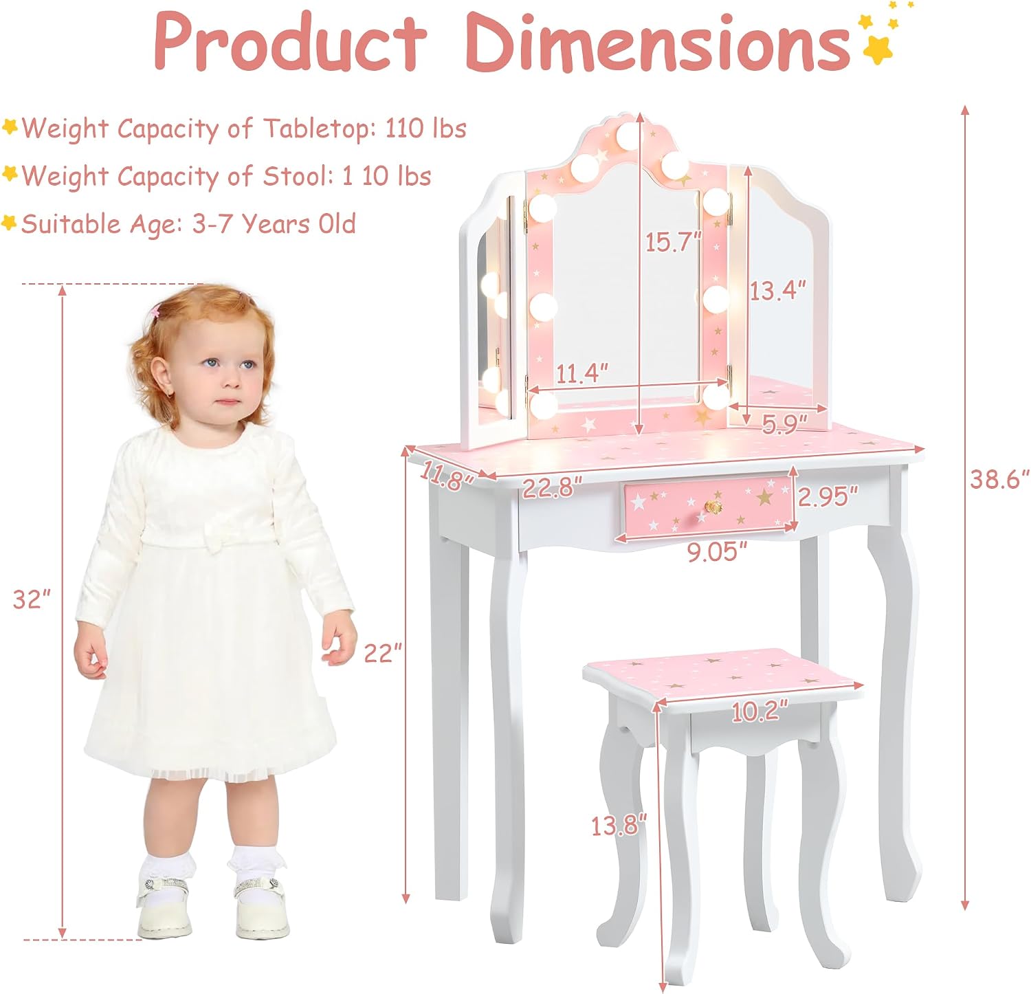 Kids Vanity with Lights, Princess Girls Vanity Set with 3-Color LED Lighted, 2 in 1 Wooden Toddler Vanity Table & Chair Set Mirror and Stool for Little Girls