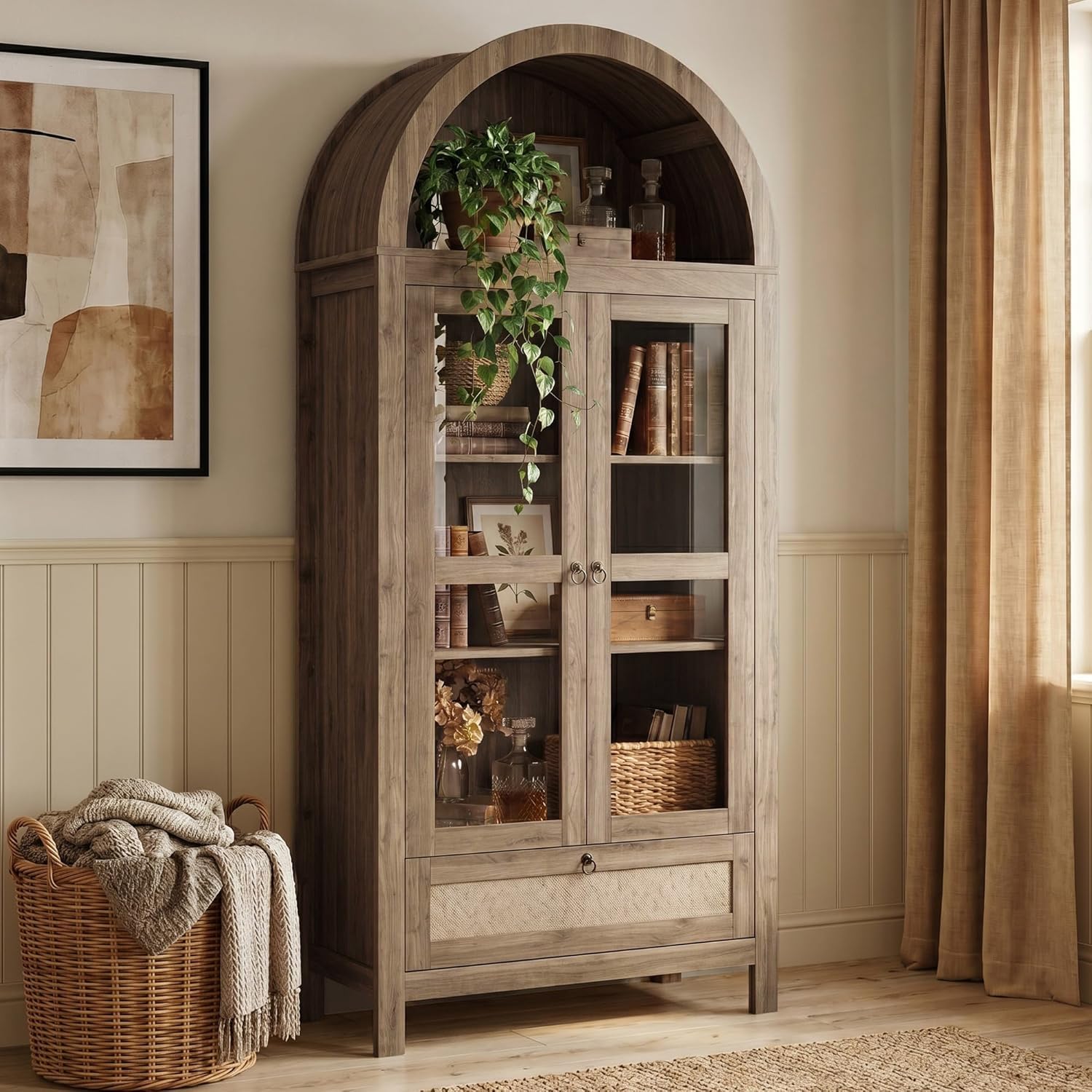 TYBOATLE 71'' Arched Pantry Cabinet with Glass Door for Kitchen Dining Room | Arch Storage Cabinet, Versatile Cupboard with Innovative Drawer and Anti-Tip Device, Kitchen Dining, Natural