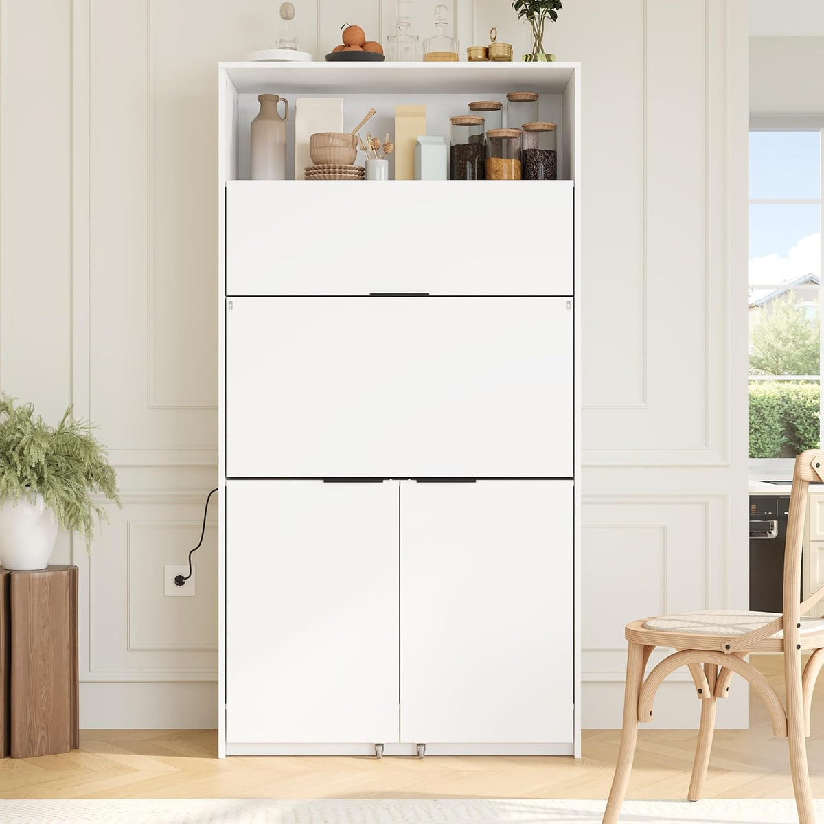 Farmhouse Kitchen Pantry Cabinet with Foldable Workstation, Kitchen Storage Cabinets with Adjustable Shelf & Power Outlet, Versatile Cupboard for Dining Room, Living Room,White