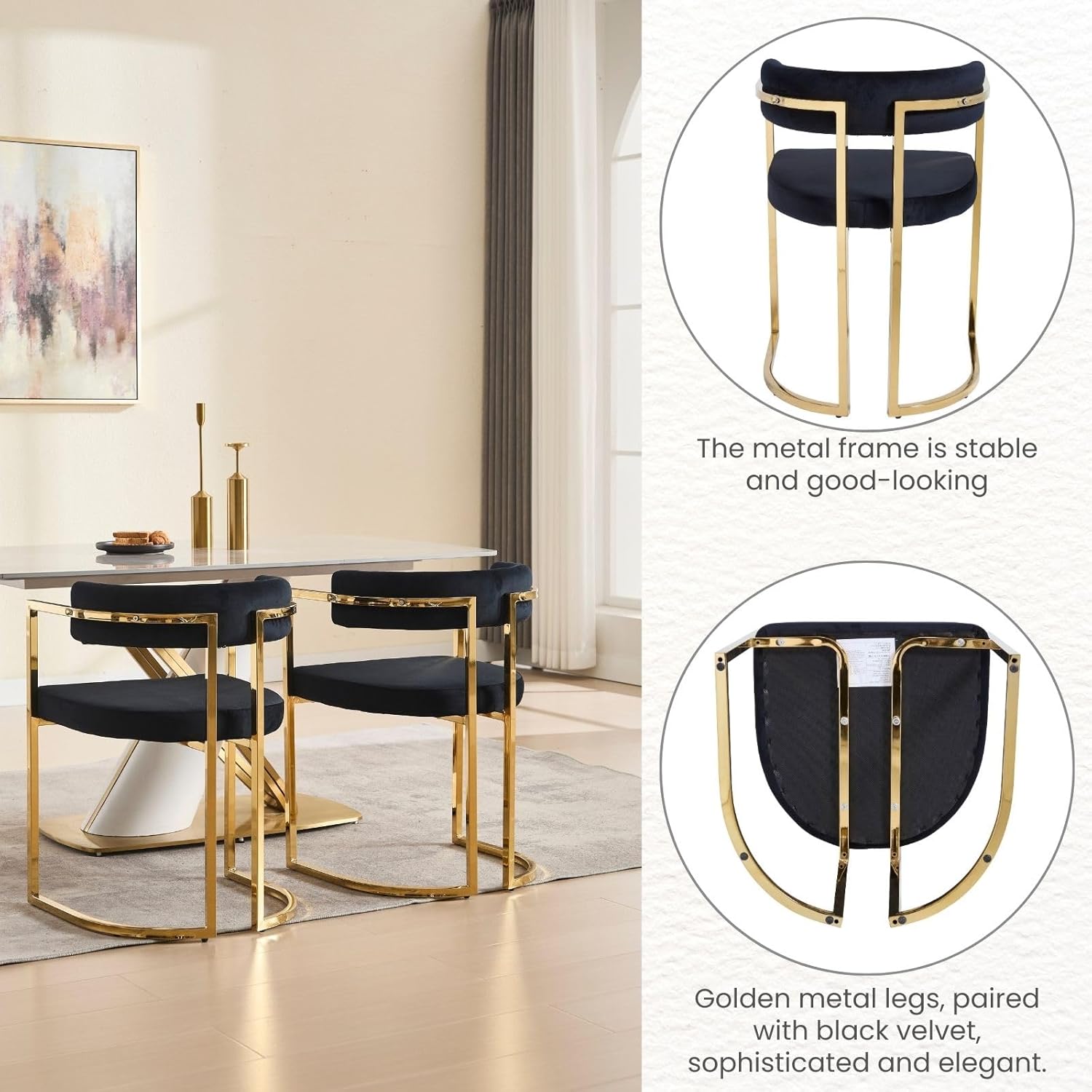 Black Velvet Upholstered Dining Chairs Set of 4, Modern Barrel Dining Chair with Gold Legs, Kitchen Chairs Open Back Accent Chairs Arm Side Chair for Living Dining Room/Vanity