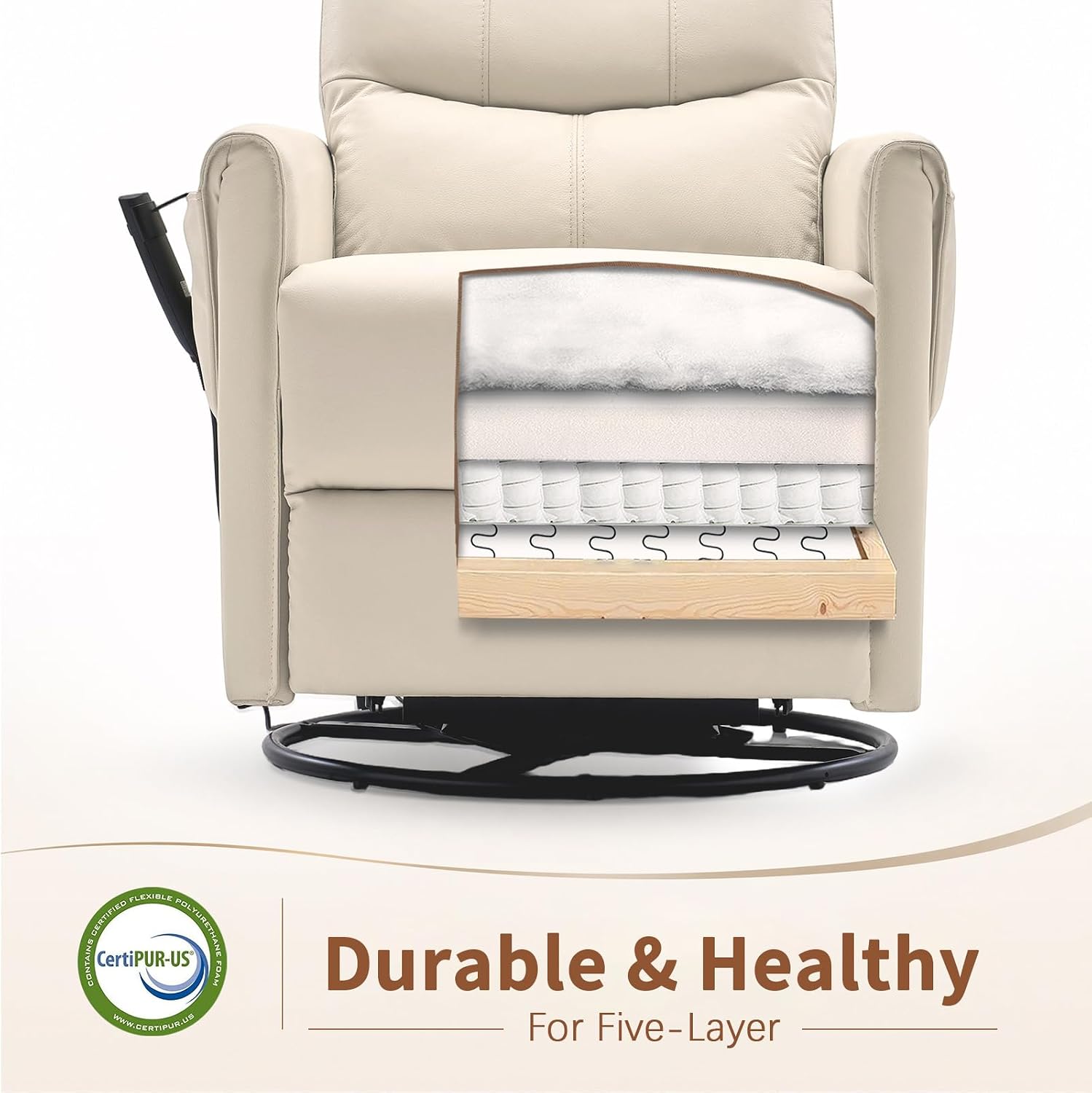 AIRSKY Genuine Leather Power Swivel Rocking Recliner Chair for Adults | Recliners for Small Spaces, Top Grain Leather, Power Glider Rocking Chair with Movable Headrest for Living Room, Beige