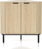 EYYTHUNG Fluted Corner Cabinet, Modern Small Corner Floor Cabinet with 2 Doors and 2-Tier Shelves, Freestanding Narrow Organizer for Living Room Kitchen Bathroom, Light Oak