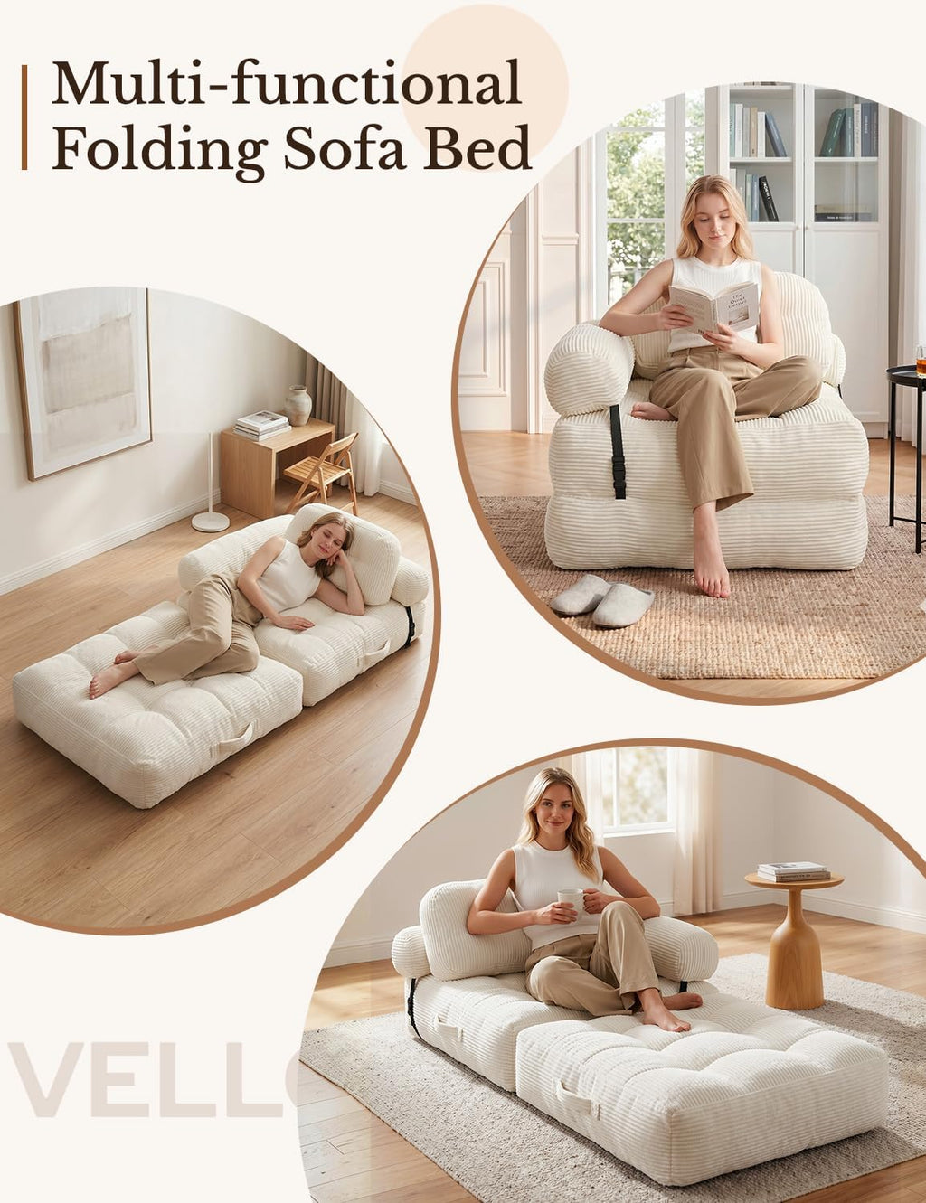 Folding Sofa Bed, L-Shaped Couch Back Support and Arm Pillow Futon | Convertible Sofa Bed for Living Room/Guest Use/Home Office, Foldable Couch for Adults, Beige