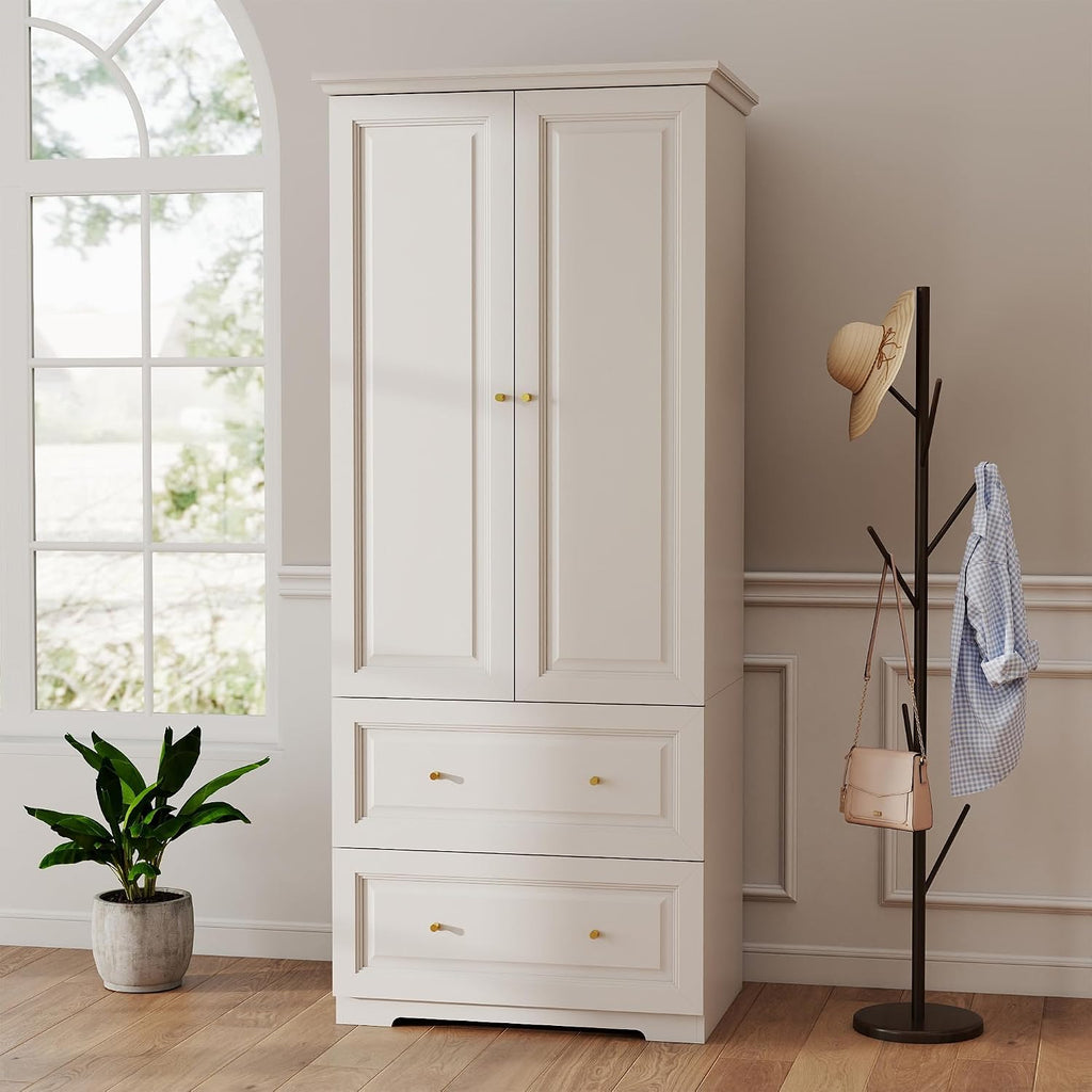 Bedroom Armoires Wardrobe Closet with 2 Doors: 74" White Wardrobe Cabinet with 2 Drawers, Modern Wood Closet for Hanging Clothes, Large Wardrobes Storage Closets (White, 31.4")