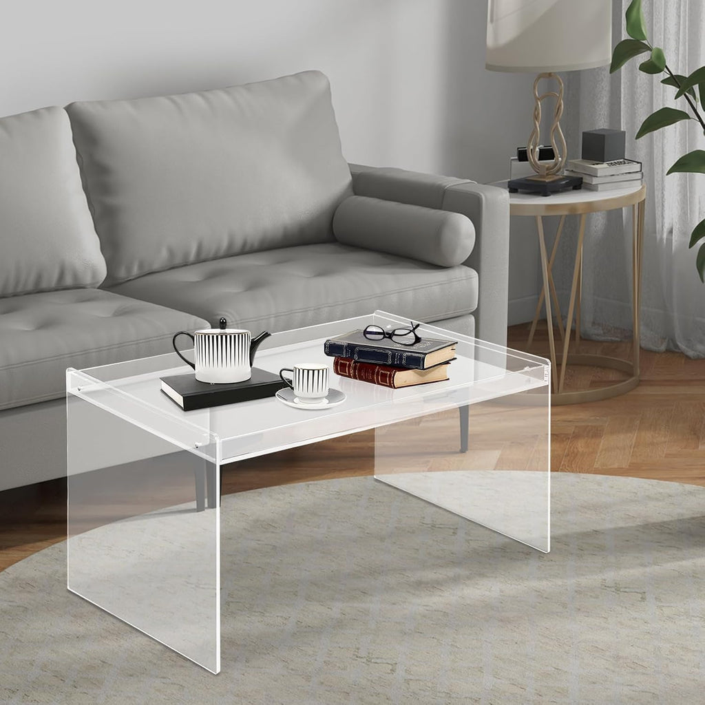 Modern Acrylic Table Clear, Rectangle Acrylic Side Table Furniture, Modern Tea Table 31.5 * 19.7 * 15.7in for Living Room, Office Reception and Bedroom(Clear)
