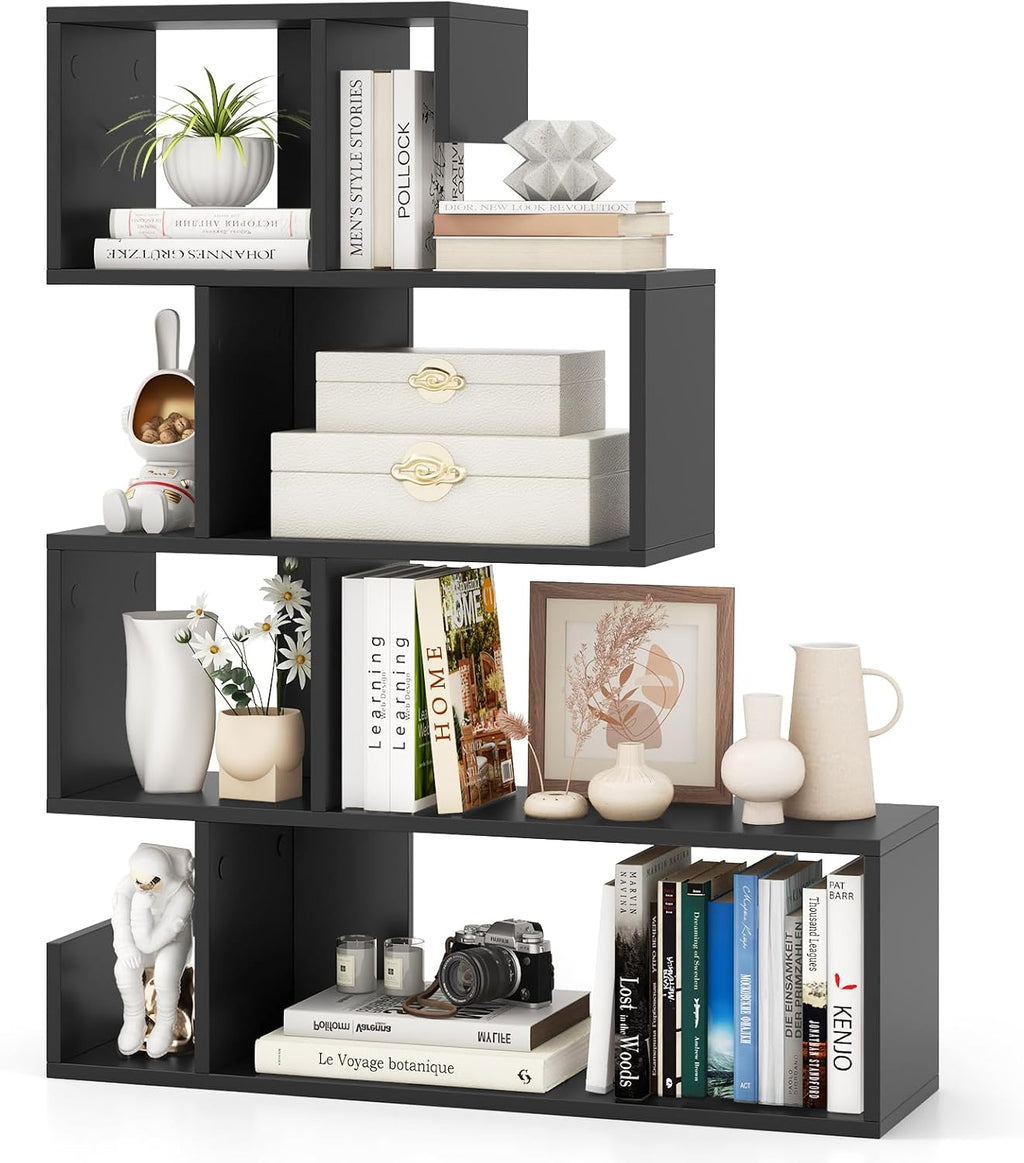 Tangkula S-Shaped Bookshelf, 5-Tier Modern Geometric Stepped Bookcase with Anti-Tipping Kits, Freestanding Corner Ladder Display Rack for Living Room Home Office (1, Black)