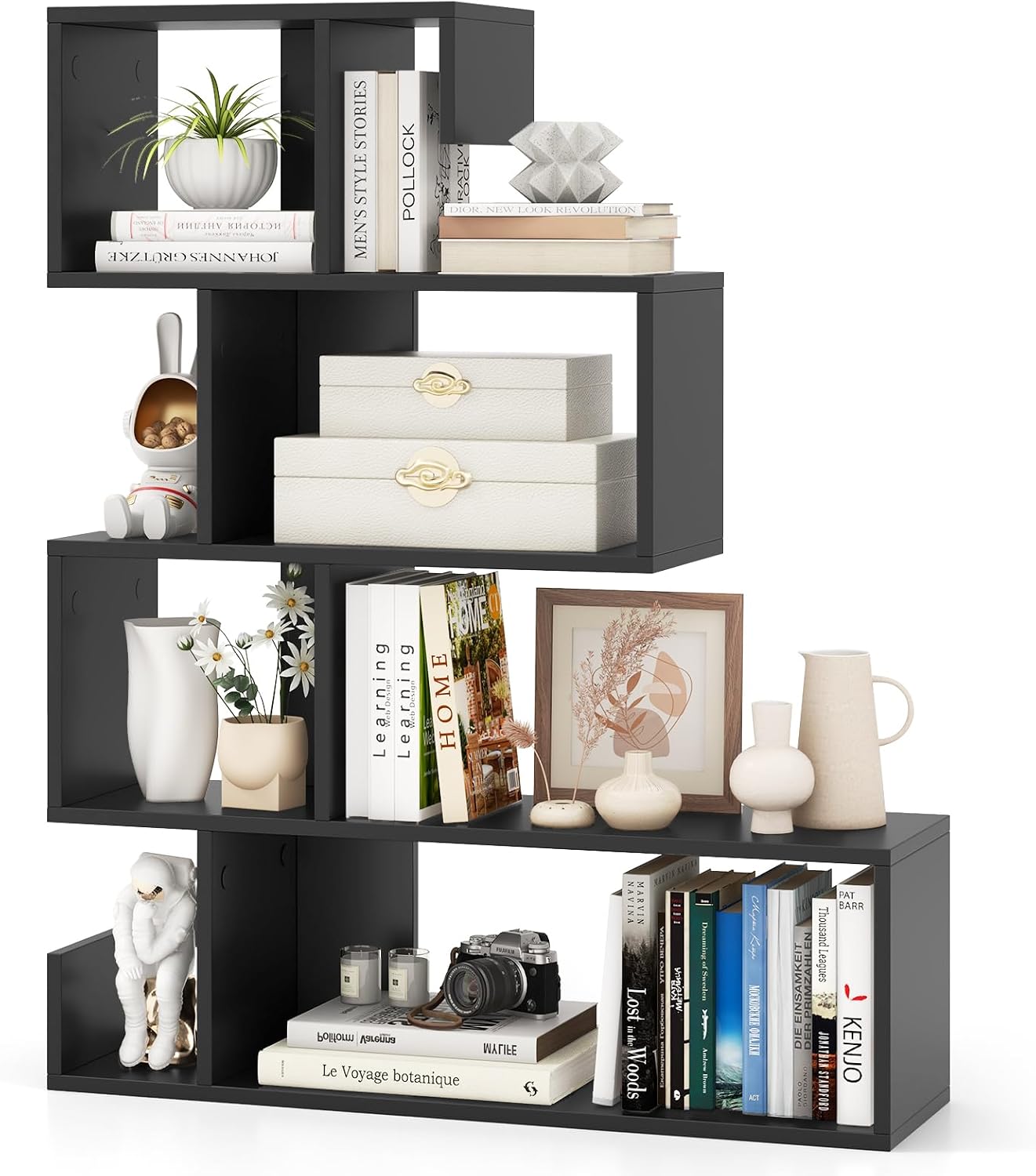 Tangkula S-Shaped Bookshelf, 5-Tier Modern Geometric Stepped Bookcase with Anti-Tipping Kits, Freestanding Corner Ladder Display Rack for Living Room Home Office (1, Black)