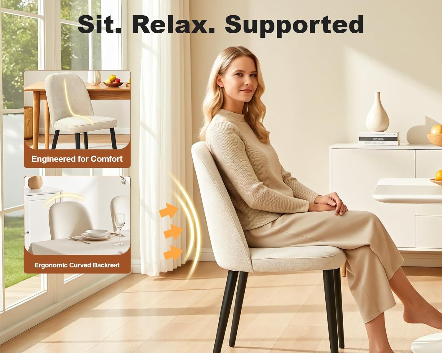 Upholstered Dining Chairs Set of 4, Chenille Fabric Modern Dining Room Chairs, Mid-Century Side Chairs, Kitchen Chairs for Living Room, Restaurant, Cafe, Comedor, Beige