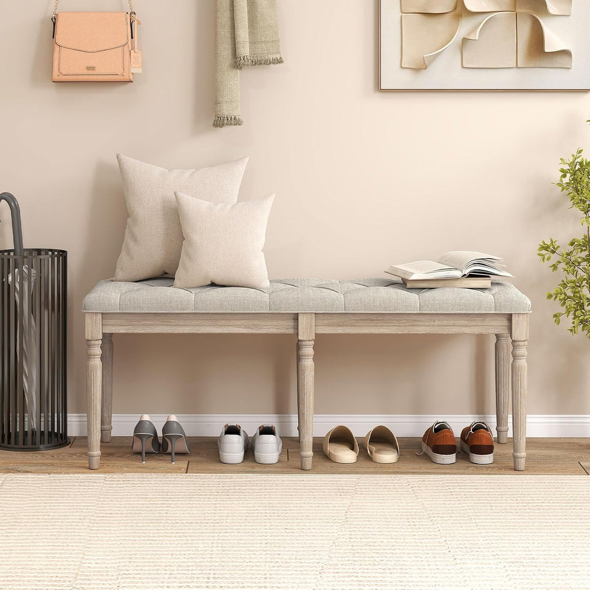 GOFLAME 47.5” Upholstered Bedroom Bench, French Tufted End of Bed Bench with Antiqued Legs, Rubber Wood Frame, Farmhouse Entryway Bench with Cushion, Dining Bench for Bedroom, Living Room, Hallway