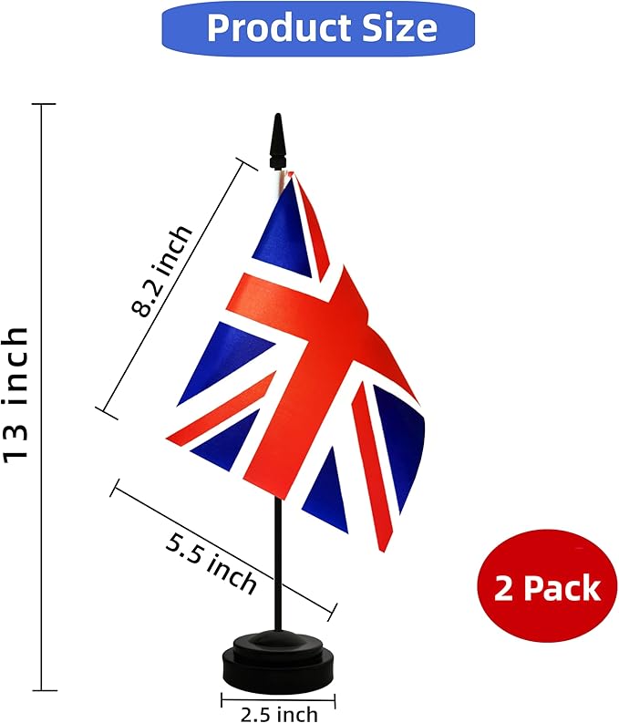 2 Pack UK Britain Desk Flag, British Table Office Flag with Solid Pole and Stand Base, International Country Flag, Festival Celebration, Classroom Meeting Desktop Decoration (UK)