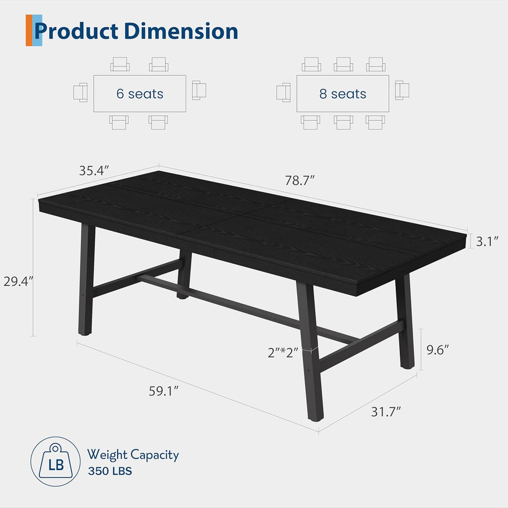 Garvee Industrial Dining Table for 6-8, 78.74" Extra Long Rectangular Kitchen Table with 2"×2" Metal Legs & Wood Top, Large Dining Table for Dining Room, Home Office, Black