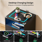 Cat House Night Cabinet with Charging Station & LED Lights, Modern Wooden Night Stand with Cozy Hidden Cat Condo, Dark Grey End Cabinet with Open Shelf, Home Accent Furniture