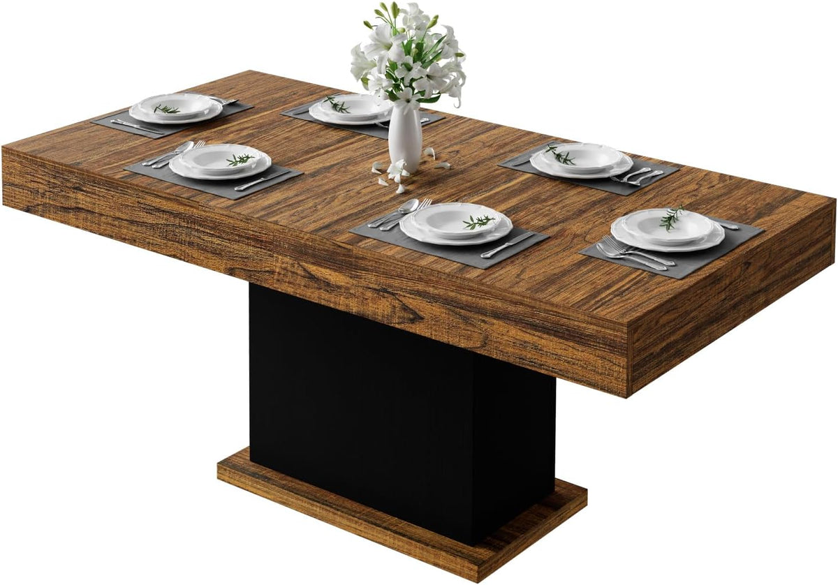 55" Dining Table for 4 to 6 People, Farmhouse Wood Dinner Table with Drawers & Led Lights for Kitchen, Dining Room & Living Room (Oak Brown & Black)