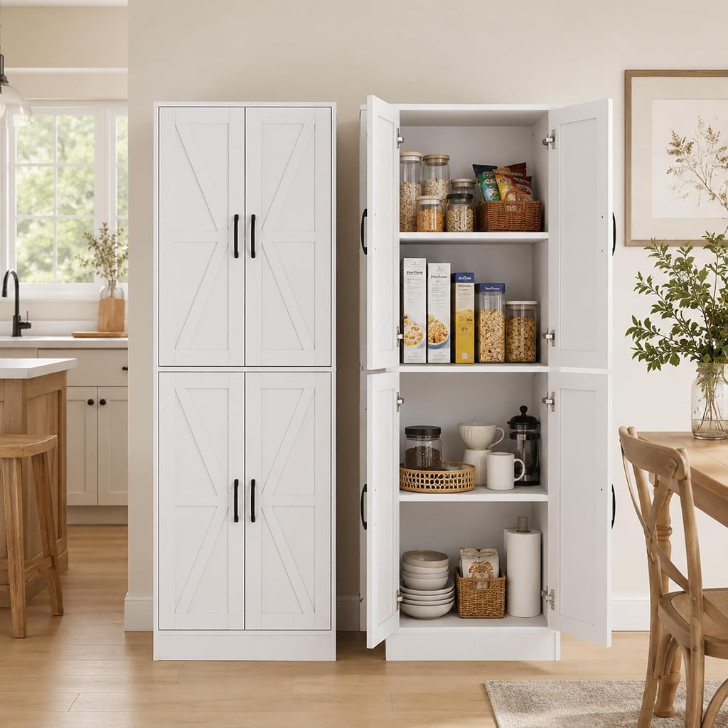 Kitchen Pantry Storage Cabinet, 68" Tall White Food Pantry Cabinet with Doors and Adjustable Shelves, Freestanding Farmhouse Storage Cabinet for Kitchen, Dining Room, Bathroom, Laundry Room (White)