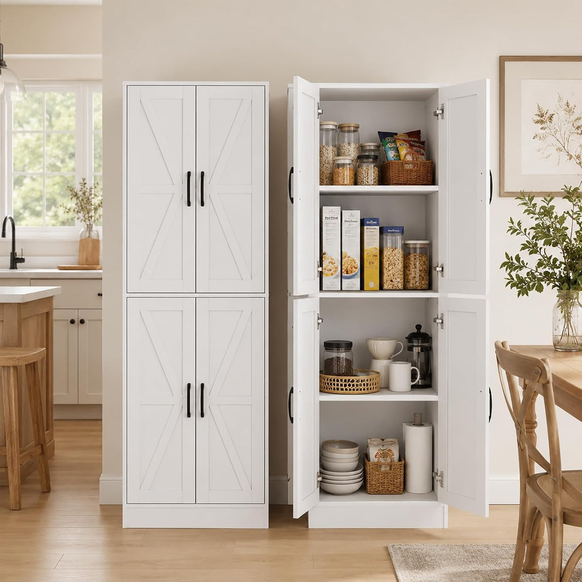 Kitchen Pantry Storage Cabinet, 68" Tall White Food Pantry Cabinet with Doors and Adjustable Shelves, Freestanding Farmhouse Storage Cabinet for Kitchen, Dining Room, Bathroom, Laundry Room (White)