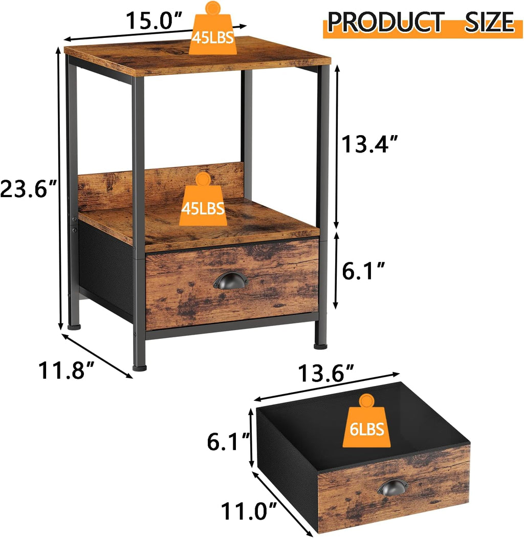 Furologee Rustic Brown Industrial Style Nightstand with Drawer, 15.7" L x 15.7" W x 21.7" H