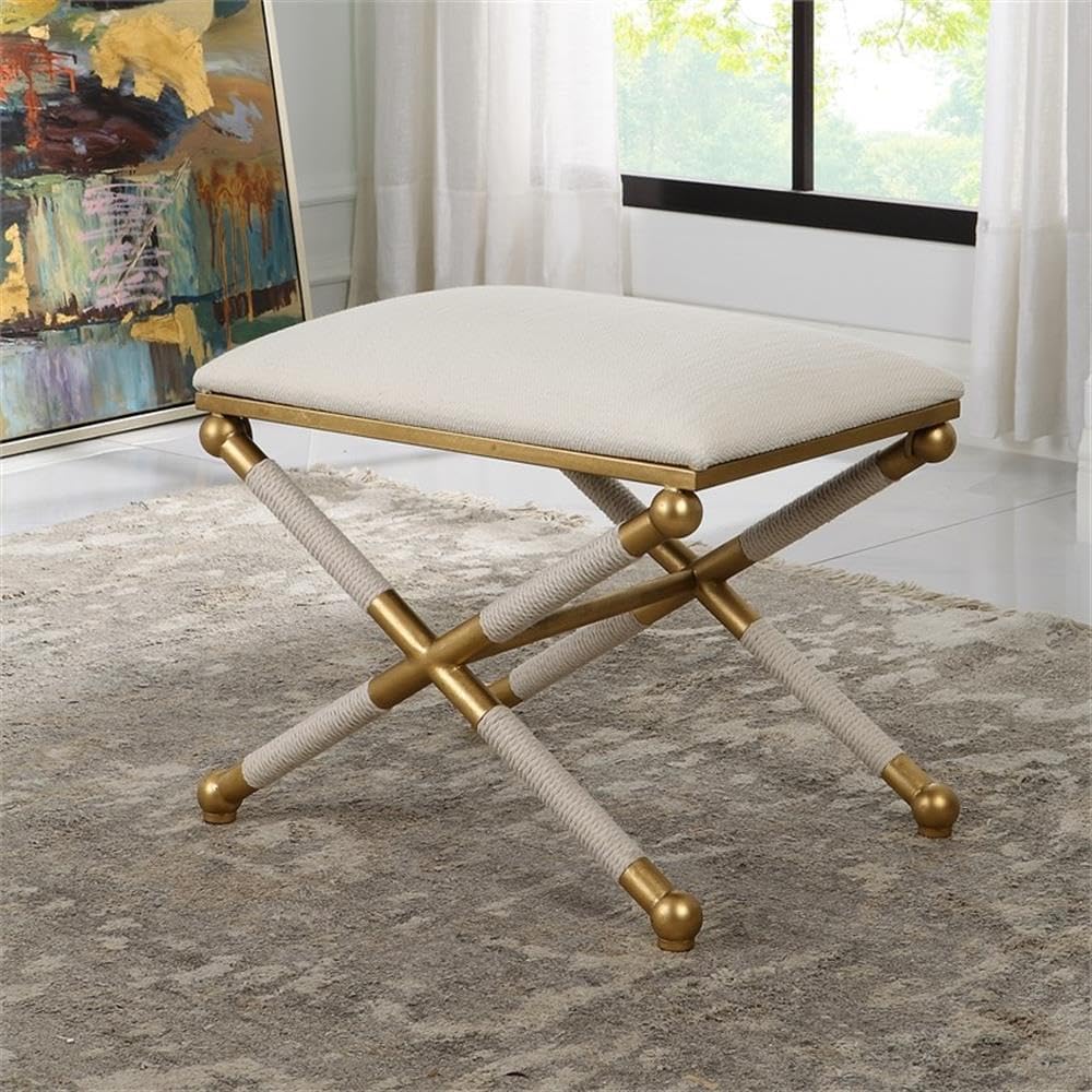 BOWERY HILL Contemporary Small Bench, 24"x17"x20.25", Iron Base Gold Leaf Finish, White Polyester Upholstery, Braided Rope Detailing, Living Room Seating or Accent Piece
