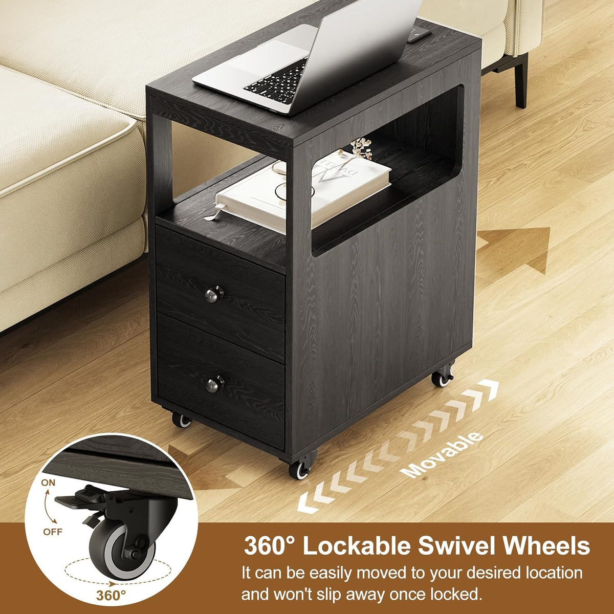 Narrow End Table with Charging Station and Wheels, Movable Narrow Sofa Side Table with USB Ports and Outlets for Small Space, Living Room, Bedroom and Office, Bedside with 4 Wheels (Black)