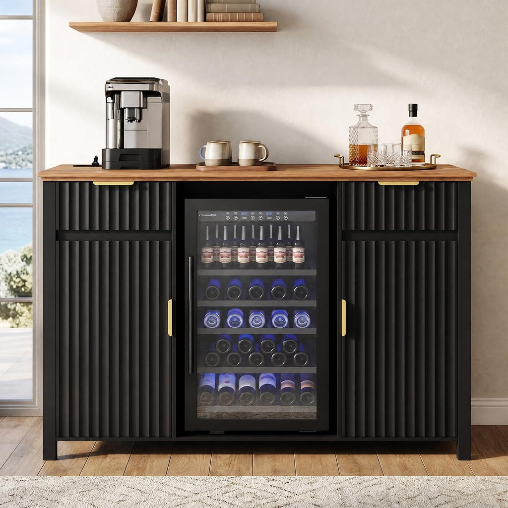 Coffee Bar with Mini Fridge Space & Charging Station, Modern Fluted Mini Fridge Cabinet, Large Bar Cabinet with Wine & Beverage Storage for Kitchen, Dining Room or Living Room