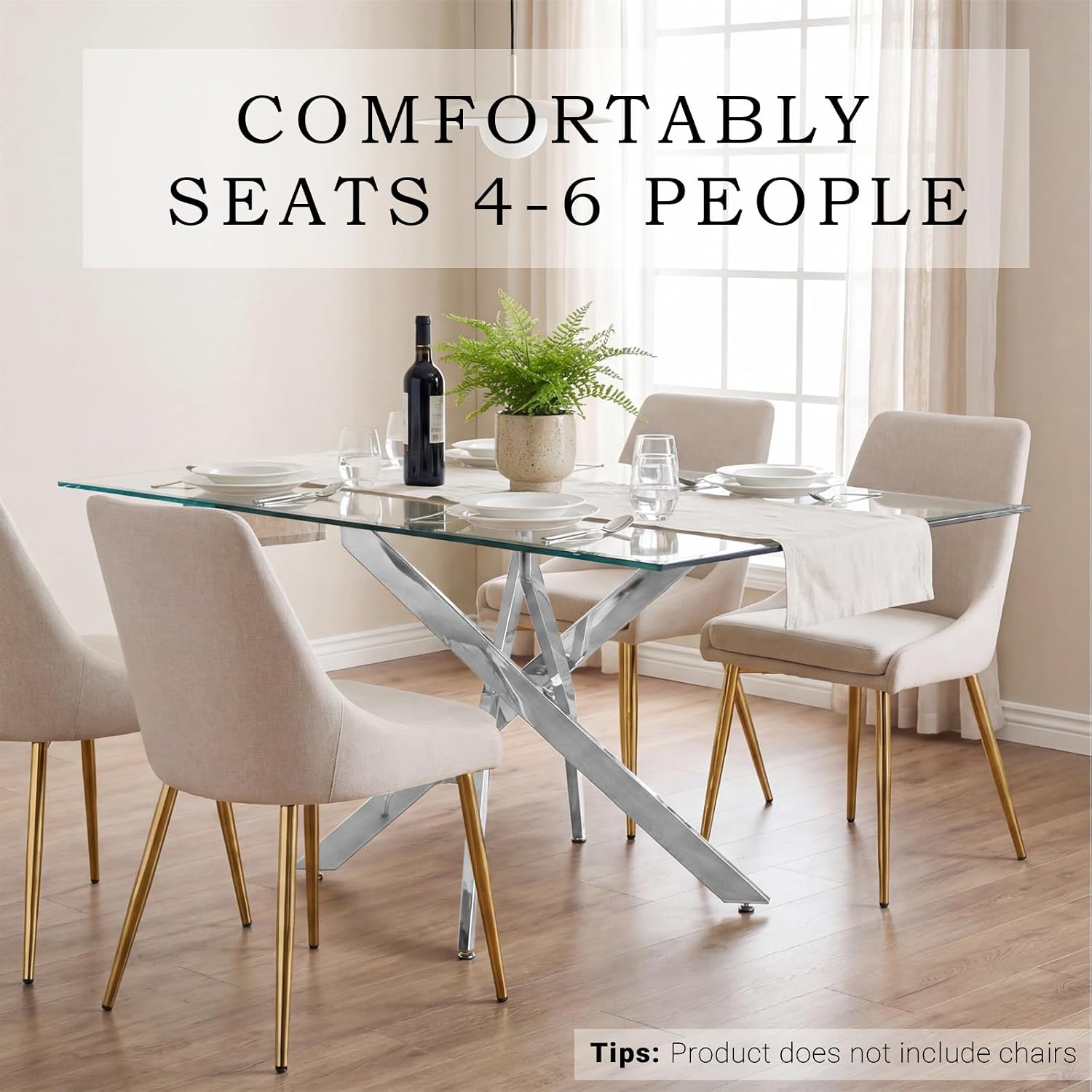 59 Inch Glass Dining Table for 6, Modern Square Kitchen Table with Silver Legs, Spacious Dining Room Furniture for Home, Living Room, Apartment