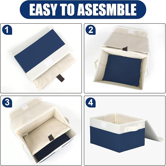 Small 8 Quart Linen Fabric Foldable Storage Bin Cube Organizer Basket with Lid & Handles, Collapsible Decorative Box Container for Home, Dorm, Closet (Navy Blue & White, 10"x8"x6", 6-Pack)