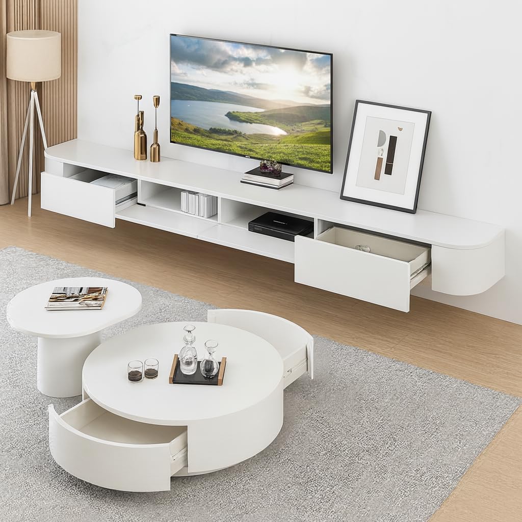 Floating TV Stand,47-118" Wall Mounted TV Shelf, Floating TV Consolewith Flip-Down Doors & Drawers, Modern TV Media Console Center Large Storage TV Stand (White-Led, 47.24")