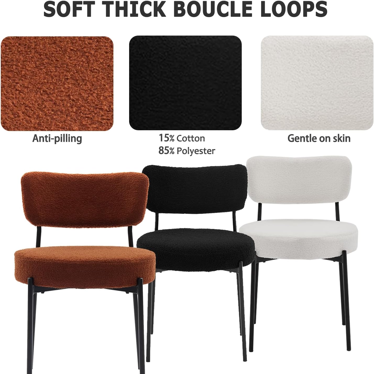 Boucle Dining Chair Set of 2, Mid Century Modern Upholstered Kitchen Chairs with Curved Backrest & Black Metal Legs, Round Dining Room Chairs, Black