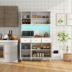 77" Large Kitchen Hutch with Charging Station, LED Pantry Cabinet with Microwave Shelf, Tall Cupboard with 4 Adjustable Shelves, 3 Drawers & Glass Doors, Dining Room Buffet with Hutch, White
