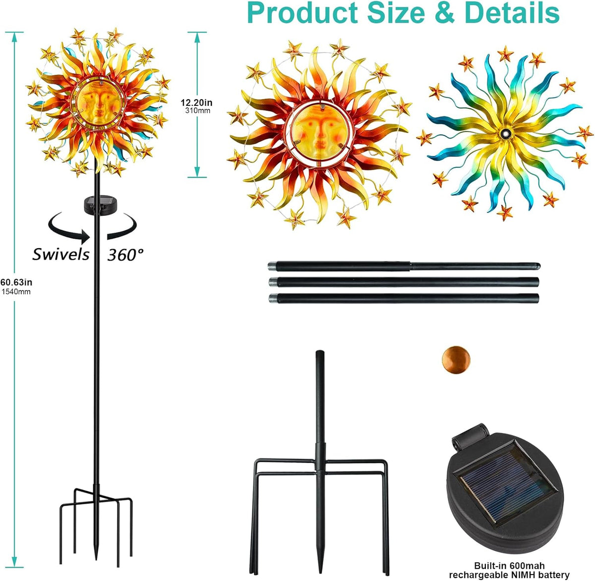 Solar Wind Spinners for Yard Garden - 60.3 Inch 360° Metal Sun Wind Sculptures Outdoor Clearance Kinetic Windmills with Vine String Shining LED Lights for Patio, Lawn Xmas Garden Decoration