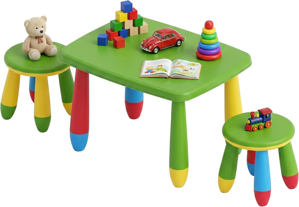 Relaxdays Children's Furniture Set, 1 Children's Table, 2 Stools, Wipe-Clean, Lightweight Plastic, Seating Corner for Children's Room, Colourful