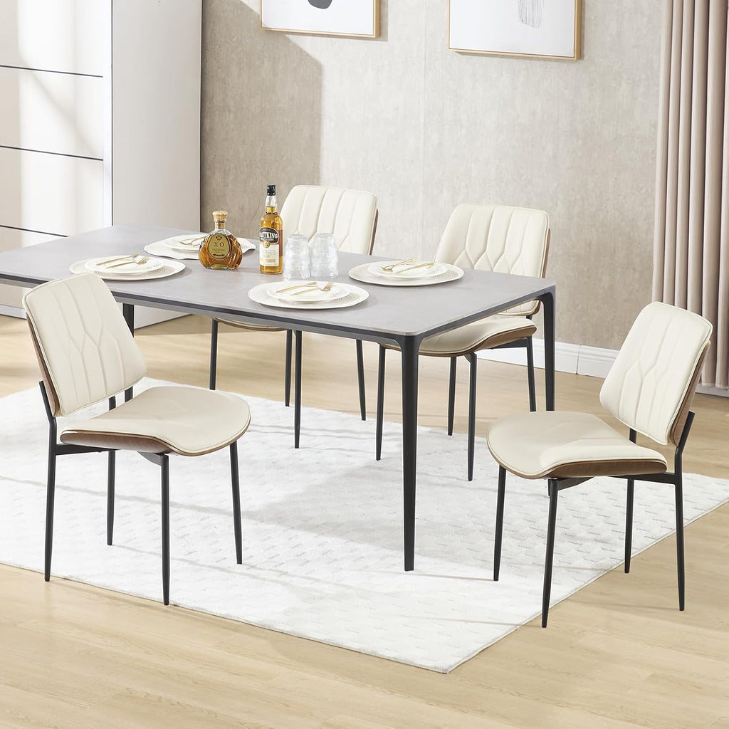 BV Mid Century Dining Chairs Set of 4, PU Leather Bentwood, Beige | Upholstered PU leather seat with walnut bentwood back, armless, retro mid-century style for kitchen, dining & living room