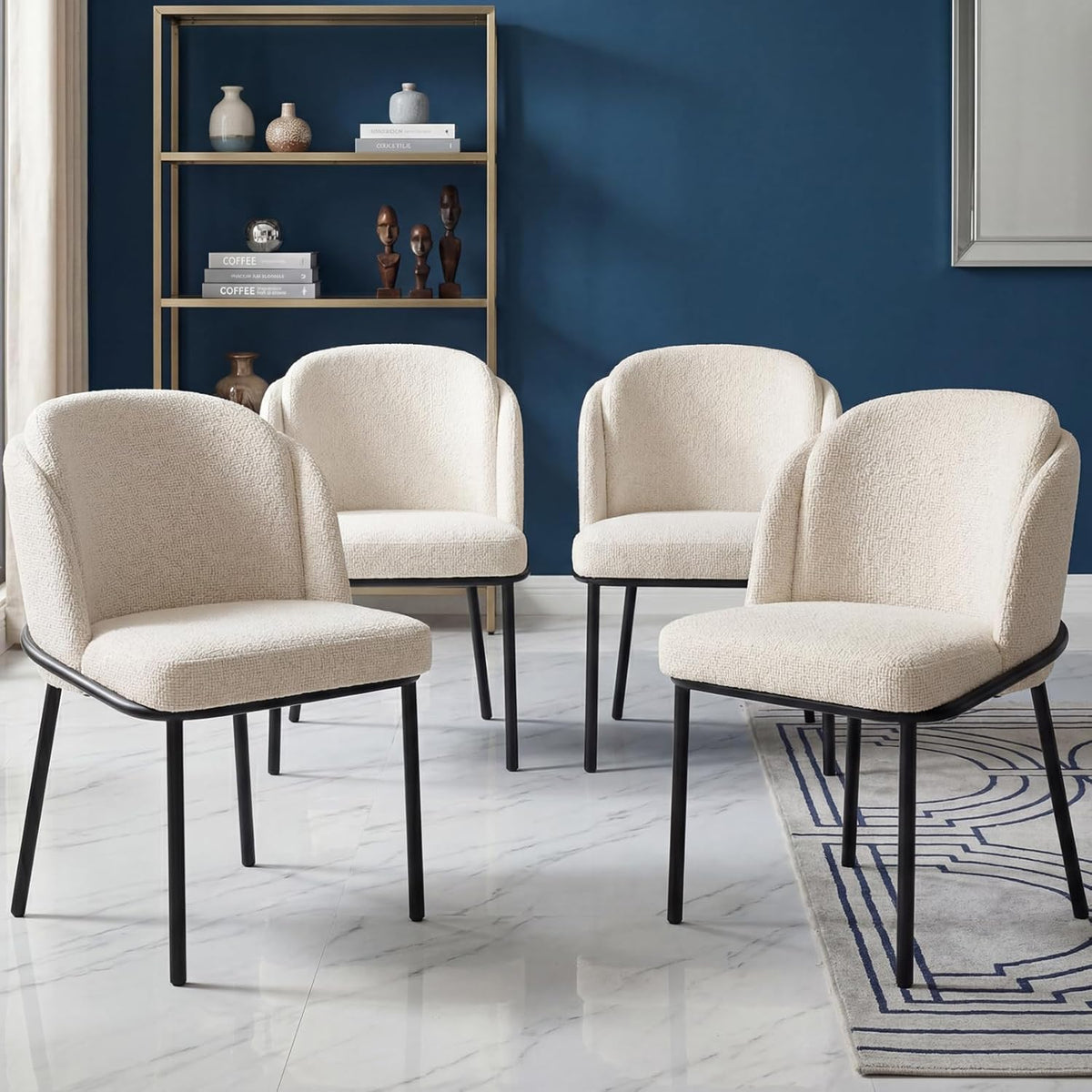Modern Dining Chairs Set of 4 Cream White Upholstered Side Chairs with Curved Backrest Ergonomic Soft Seat Metal Legs Kitchen Dining Room Living Room Vanity Accent Chairs Mid Century Style