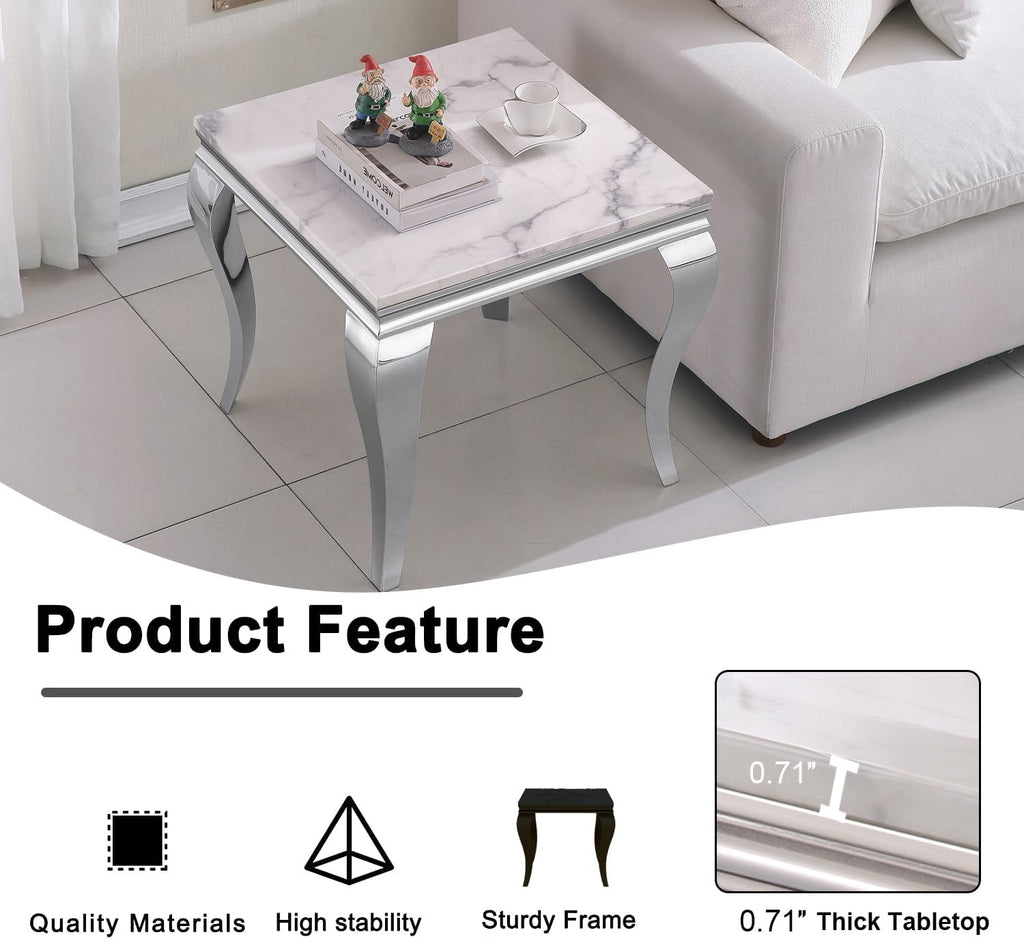 Henf 23in Square End Table Faux Marble End Table w/Stainless Steel Legs,Luxury Sofa Side Table Tea Table for Living Room Office, Nightstand Bedside Table for Bedroom, White and Silver End Side Table