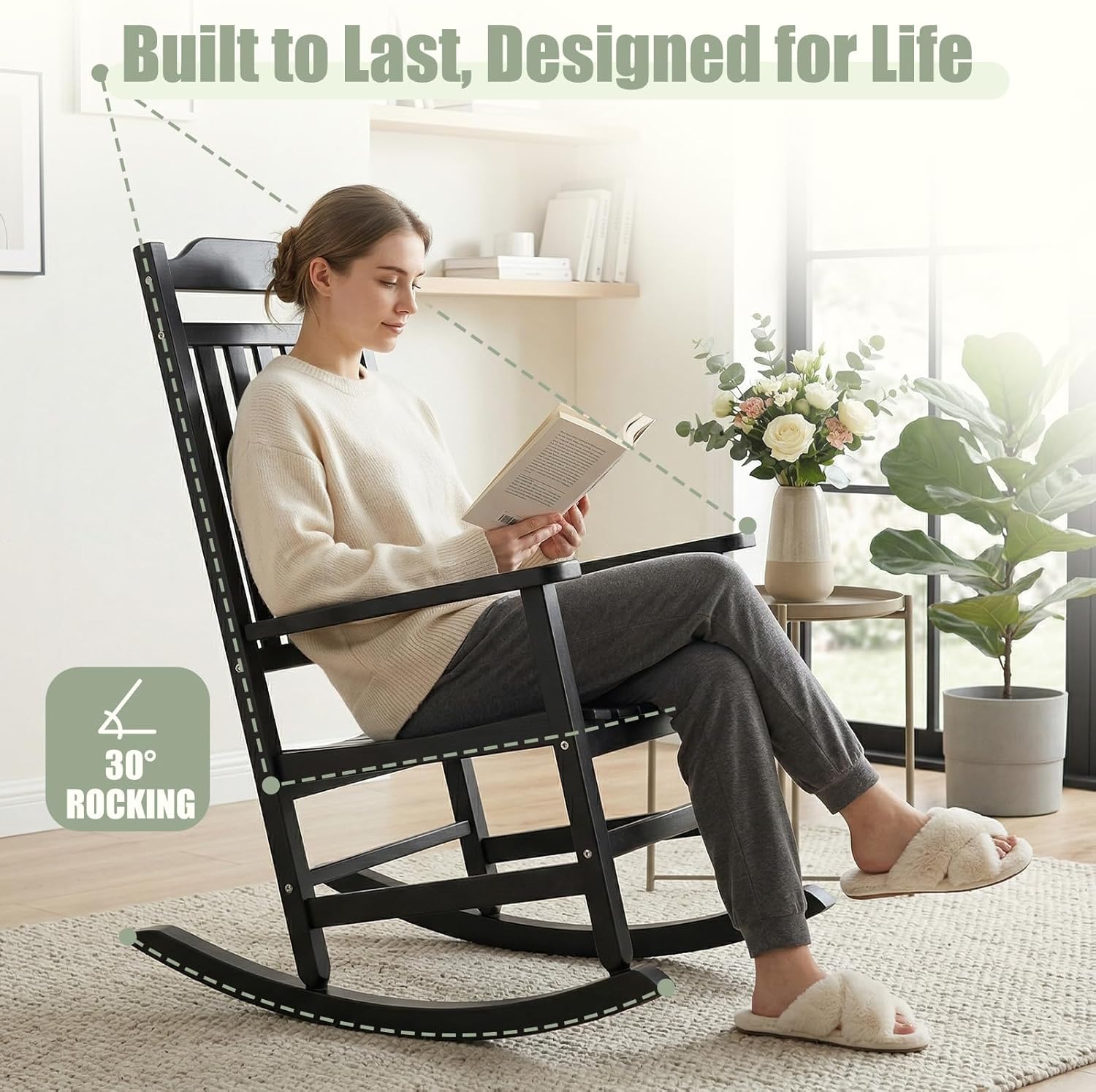 Outdoor Rocking Chairs Set of 2 with Outdoor Side Table, Oversized Ergonomic Front Porch Chairs Set of 2, Small Outdoor Table, All Weather Resistant Furniture for for Lawn, Garden, Patio, Deck