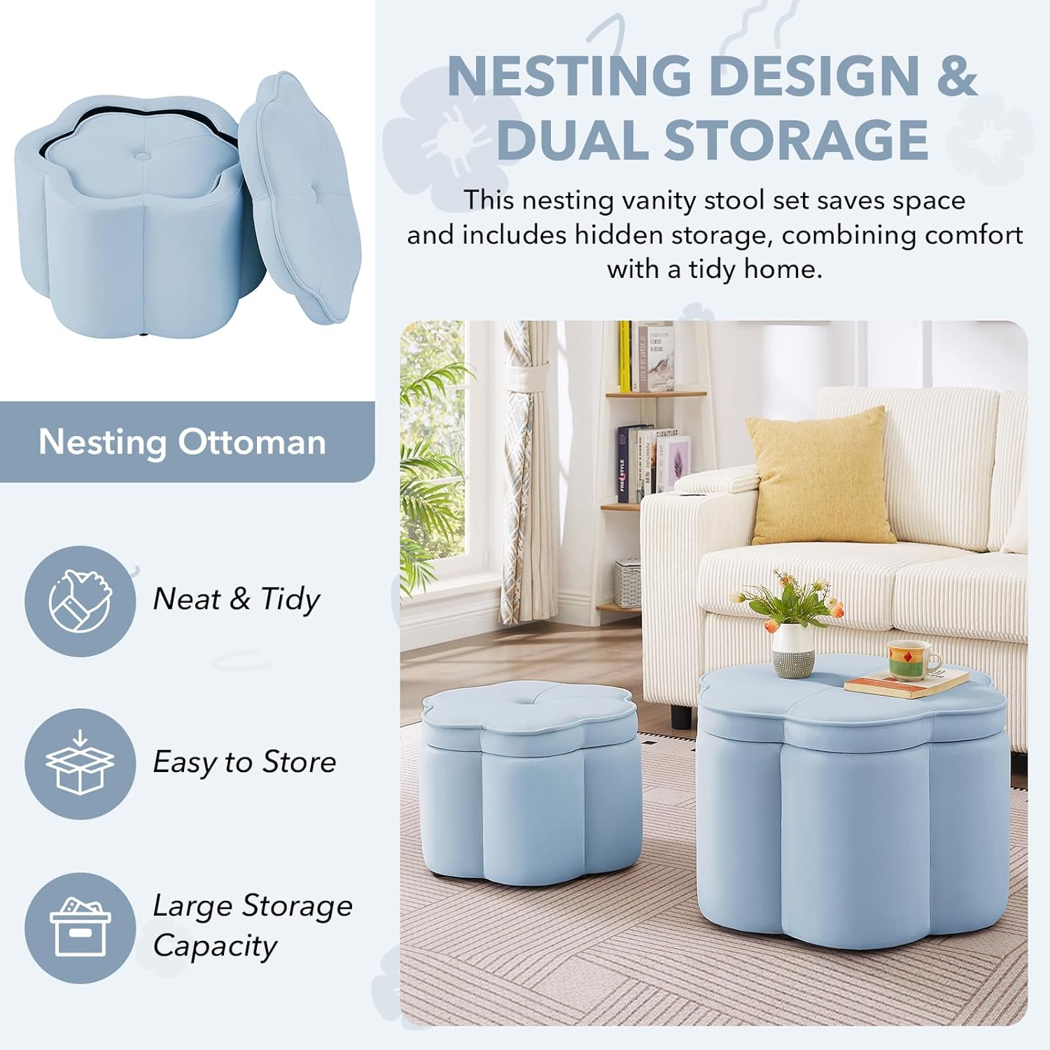 Set of 2 Round Ottomans, Velvet Upholstered Storage Ottoman with Flower Shape, Modern Vanity Stool with Storage, Ottoman Coffee Table for Bedroom, Living Room (Seaglass)
