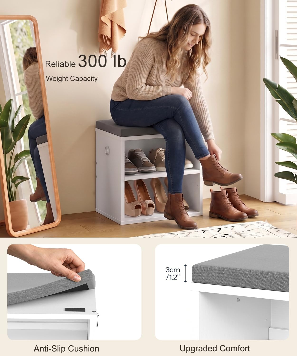 HOOBRO Shoe Storage Bench with Cushion, Entryway Bench with Coat Rack Set, Small Shoe Storage Organizer with Adjustable Shelf, for Narrow Hallway Foyer, Bedroom, White and Gray WG28HX01